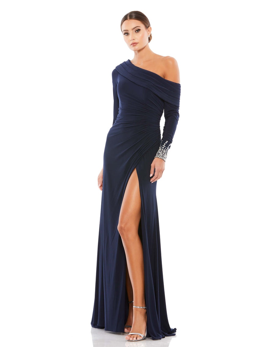 Mac Duggal New Womens One Shoulder Long Sleeve Jersey Gown Midnight Size 16 Glam